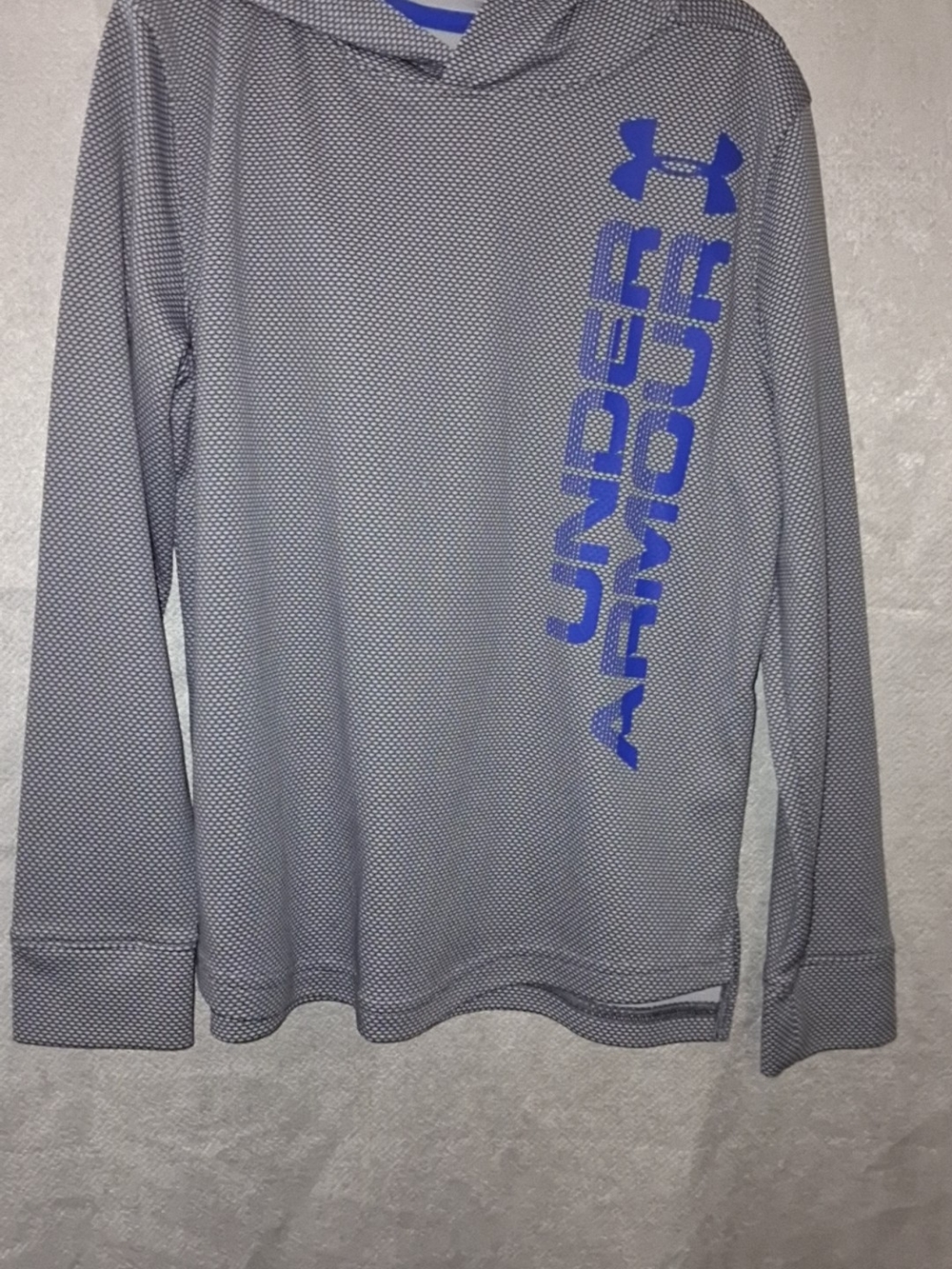 Under Armour Gray Hooded Long Sleeve Shirt with Blue Logo Print